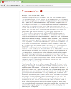 Capture d'écran de mon dernier commentaire, tel que publié par lesobservateurs.ch sous leur billet intitulé: Petite étude du traitement médiatique de l'UDC. 