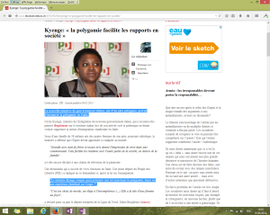 Capture d'écran du billet intitulé "Kyenge: « la polygamie facilite les rapports en société »" au 1er juin 2014. [Cliquer pour agrandir l'image]